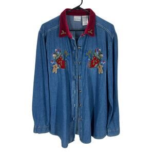 Bobbie Brooks XL Christmas Denim Shirt Red Velvet Collar Stocking Embroidery